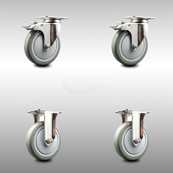 Service Caster 5 Inch 316SS Gray Polyurethane Swivel Top Plate Caster Lock Brake 2 Rigid, 2PK SCC-SS316TTL20S514-PPUB-2-R-2 - main